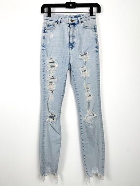 H&M &denim distressed skinny jeans light wash raw hem stretch denim size 2